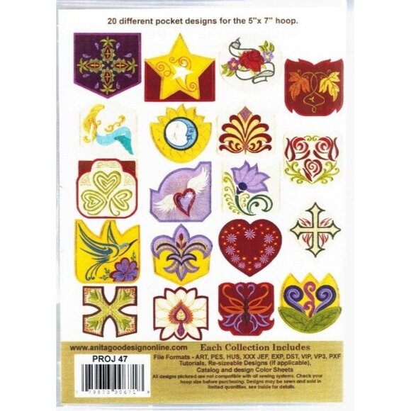 Anita Goodesign Hoop Pockets Embroidery Pattern Pack 20 Unique 5"x7" Designs - Picture 9 of 9